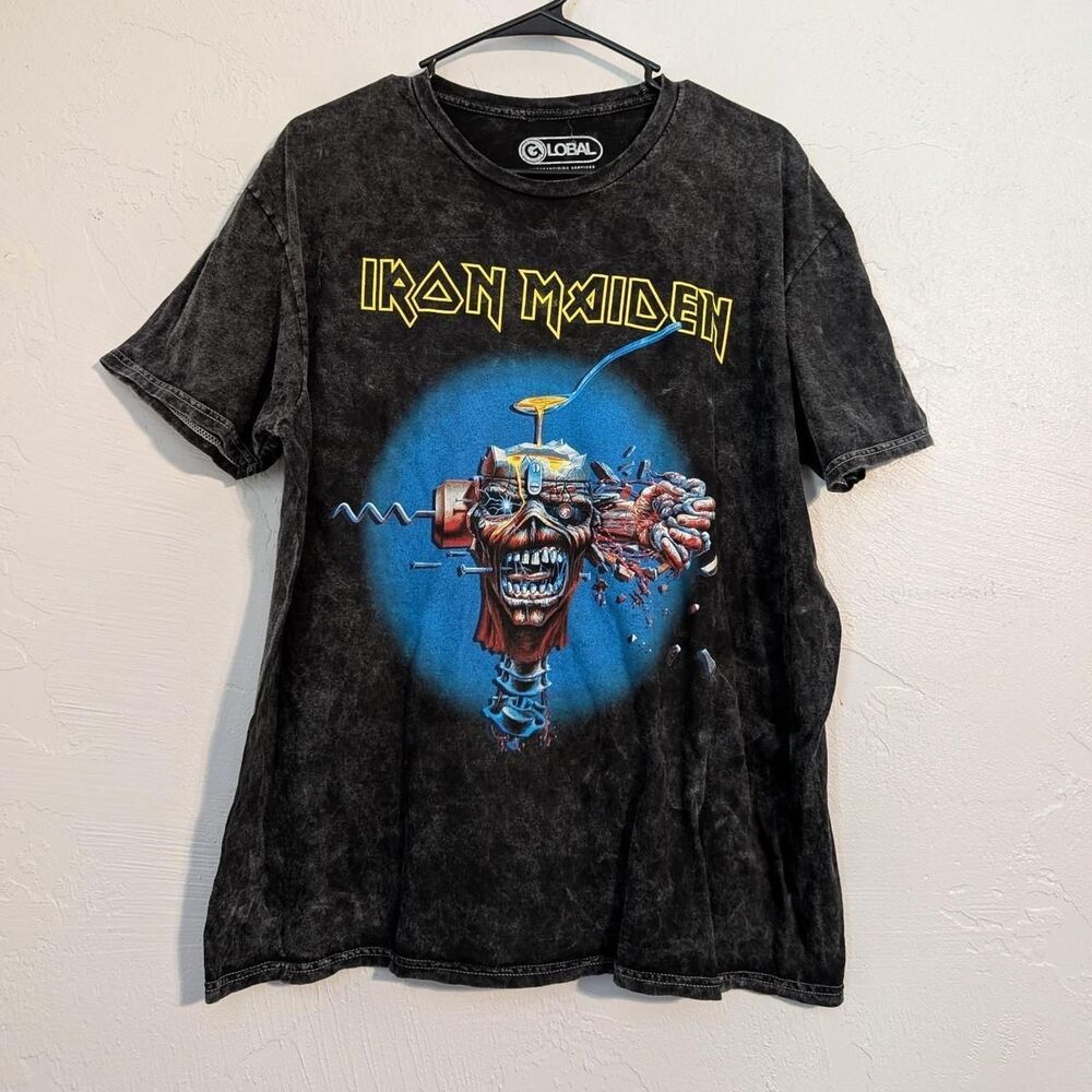 Mens Iron Maiden Black Acid Wash Graphic Band Tee Grunge Heavy Metal Punk Alt